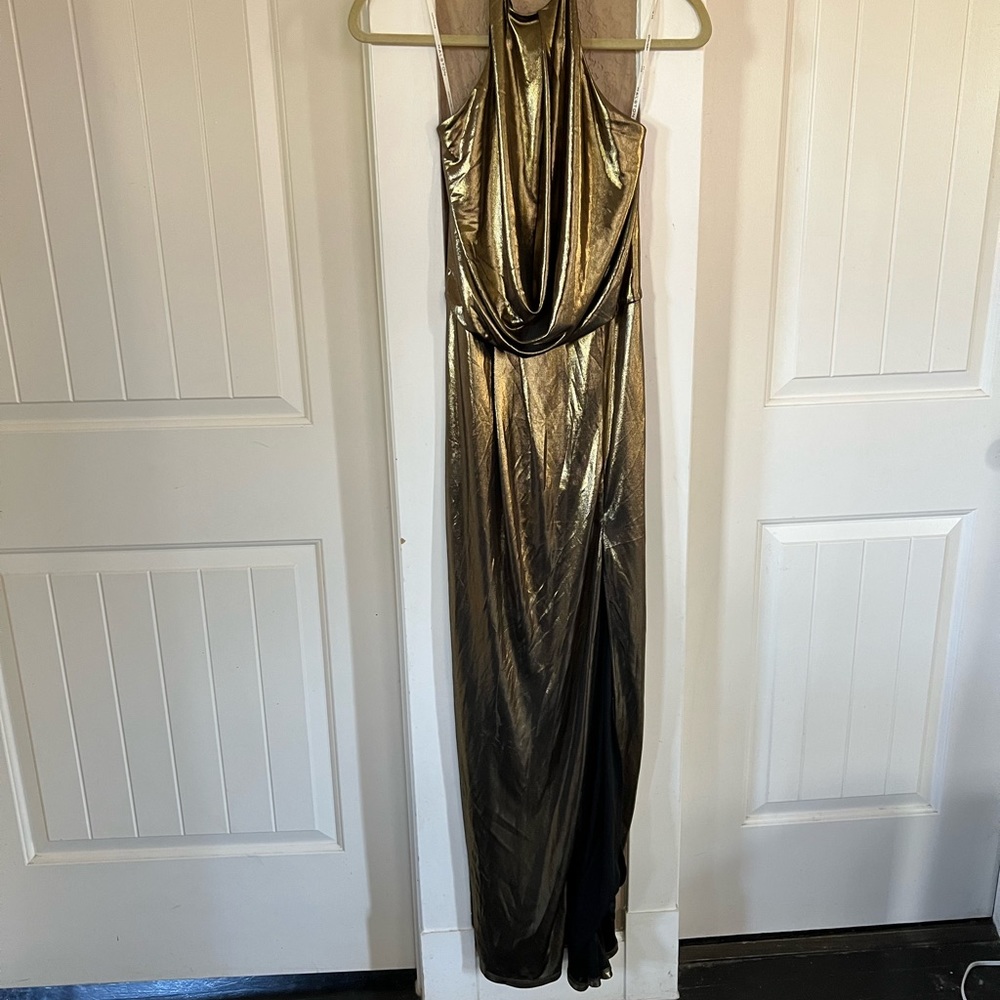 Halston heritage floor length metallic gold halter dress
